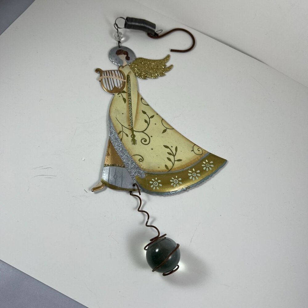 Vintage Angel Metal Wall Hanging With Glitter Accents & Green Glass Bead